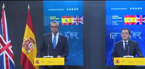 Spanish Foreign Minister Jose Manuel Albares and UK Foreign Secretary James Cleverly together during the press conference of 14 December
